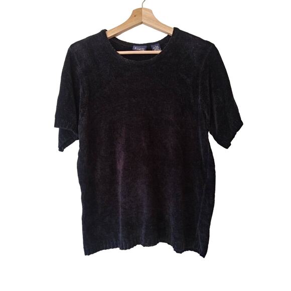 Hillard Hanson L Soft Knit Black Short Sleeve Chenille Sweater Classic Minimal - Picture 1 of 9